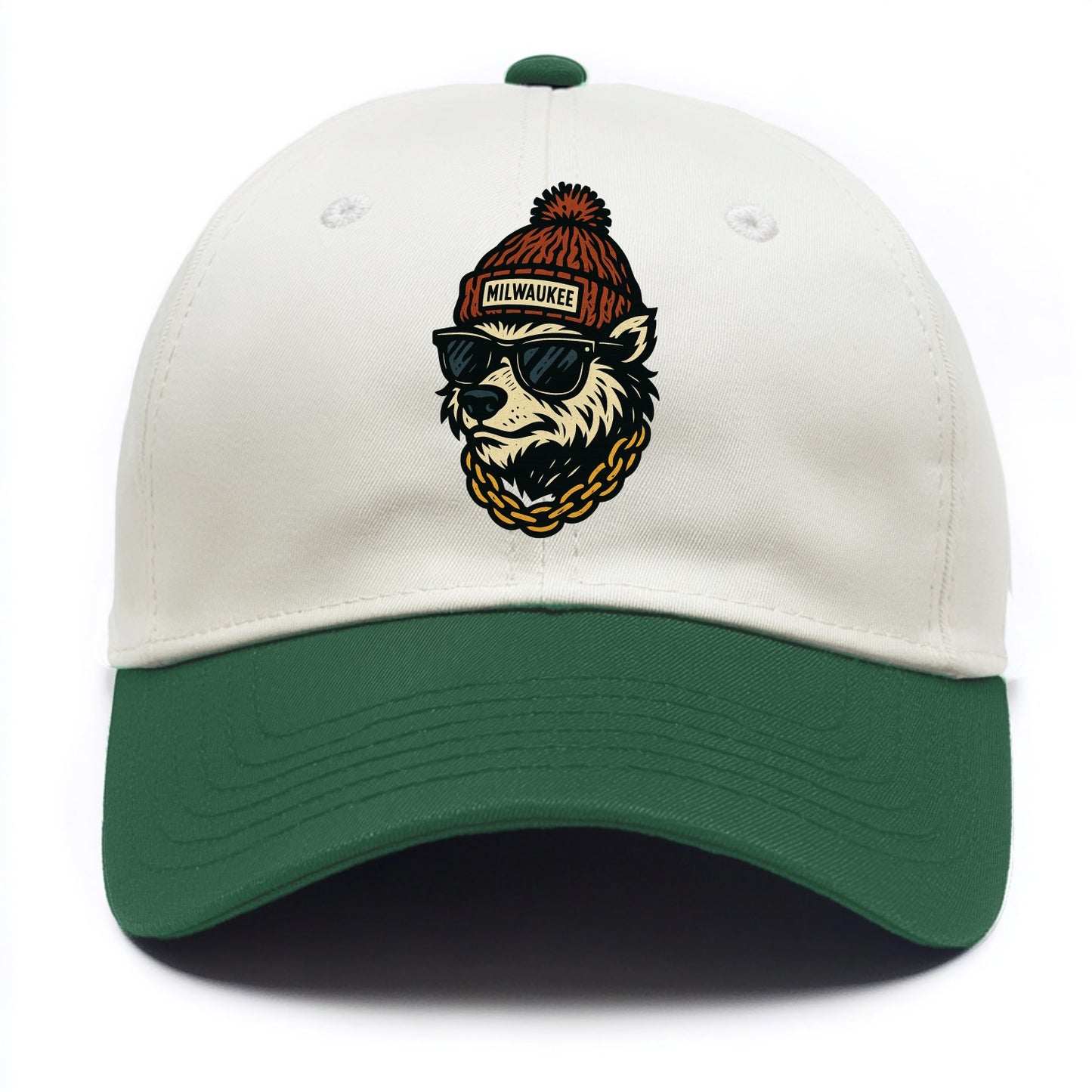 Milwaukee Badger wearing Milwaukee beanie with pom pom and wayfarer sunglasses - Two Tone Cap - Green