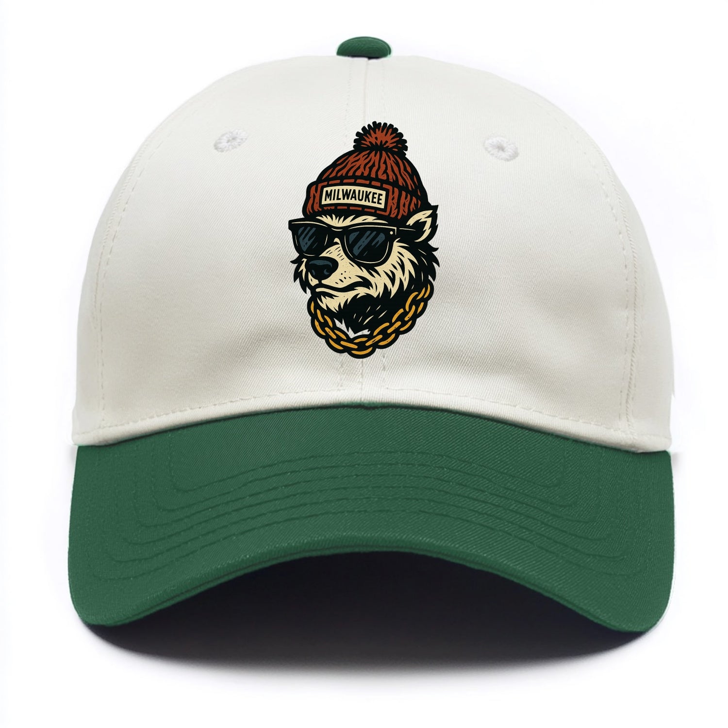 Milwaukee Badger wearing Milwaukee beanie with pom pom and wayfarer sunglasses - Two Tone Cap - Green