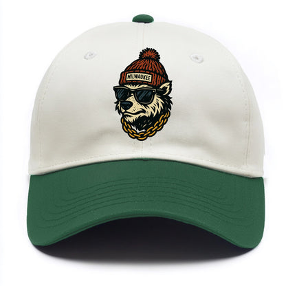 Milwaukee Badger wearing Milwaukee beanie with pom pom and wayfarer sunglasses - Two Tone Cap - Green