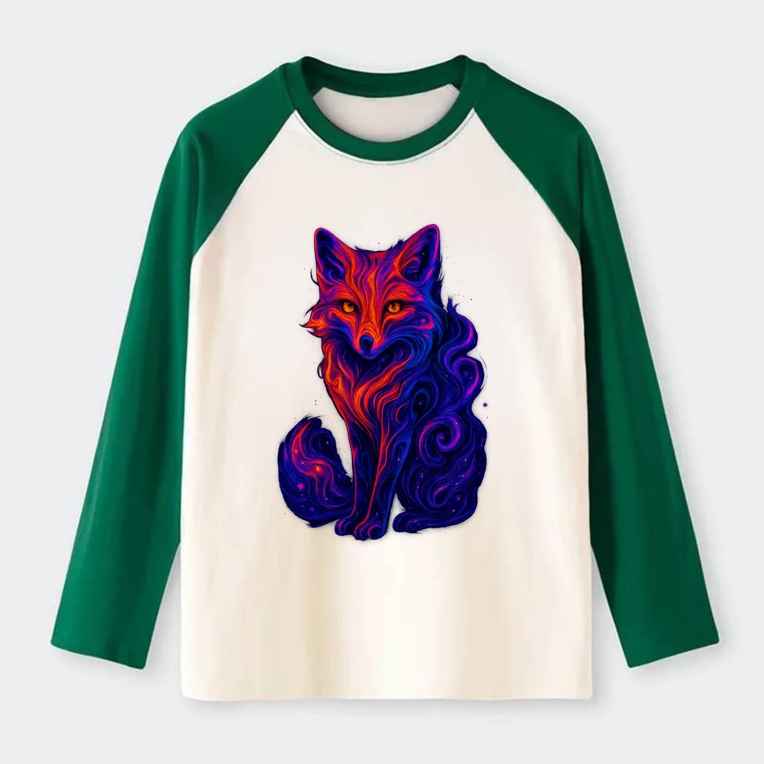 Clever fox with tail dissolving into cosmic nebula swirls, orange to - Raglan Long Sleeve T-Shirt - Green
