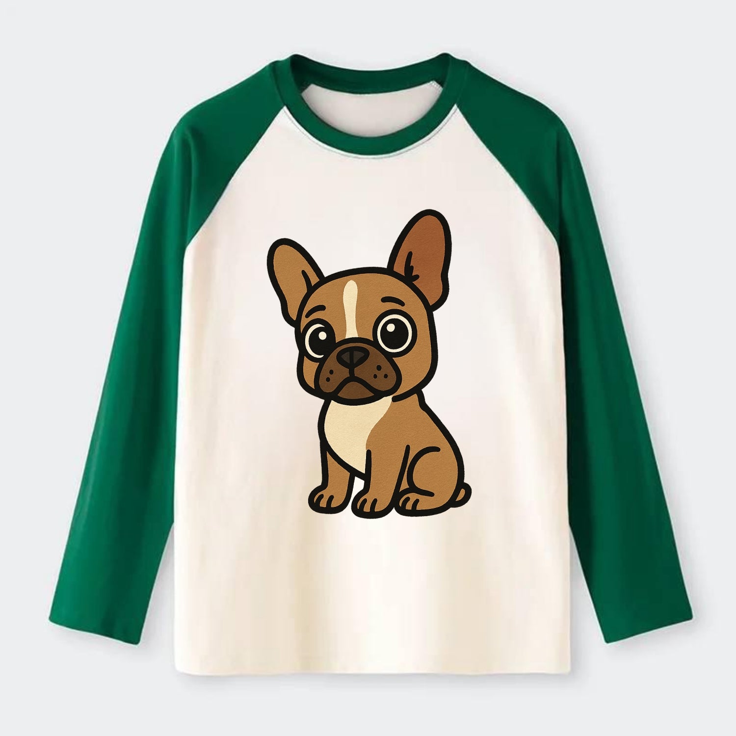 French Bulldog - Head tilt one ear up - Raglan Long Sleeve T-Shirt - Green