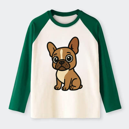 French Bulldog - Head tilt one ear up - Raglan Long Sleeve T-Shirt - Green