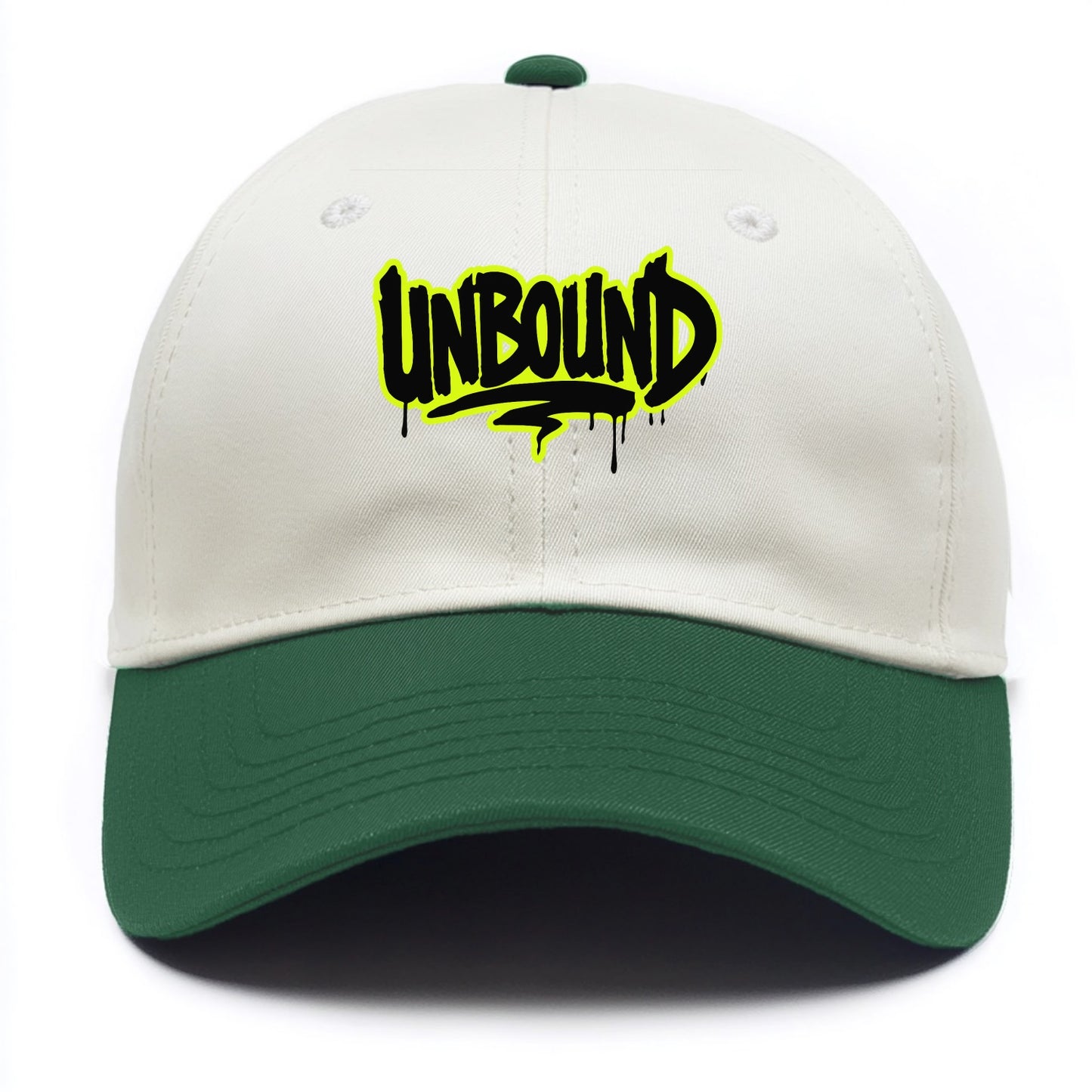 Bold typography design - "UNBOUND" - without limits, free from constraints - Two Tone Cap - Green