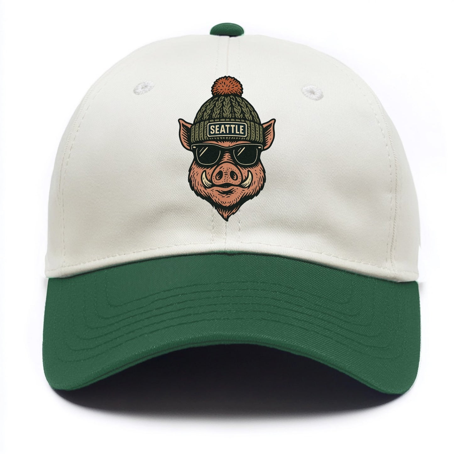 Washington Hog wearing Seattle beanie with pom pom and wayfarer sunglasses - Two Tone Cap - Green