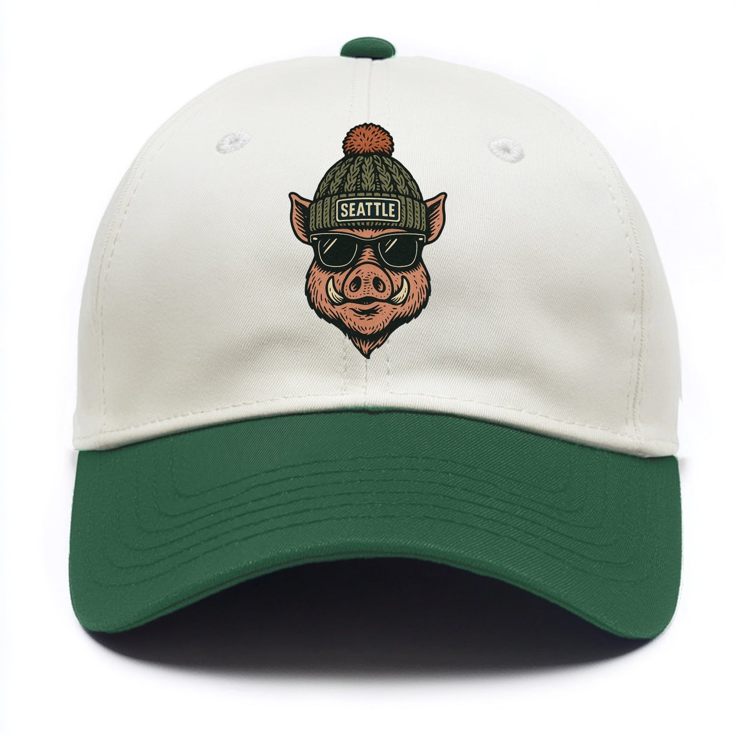 Washington Hog wearing Seattle beanie with pom pom and wayfarer sunglasses - Two Tone Cap - Green