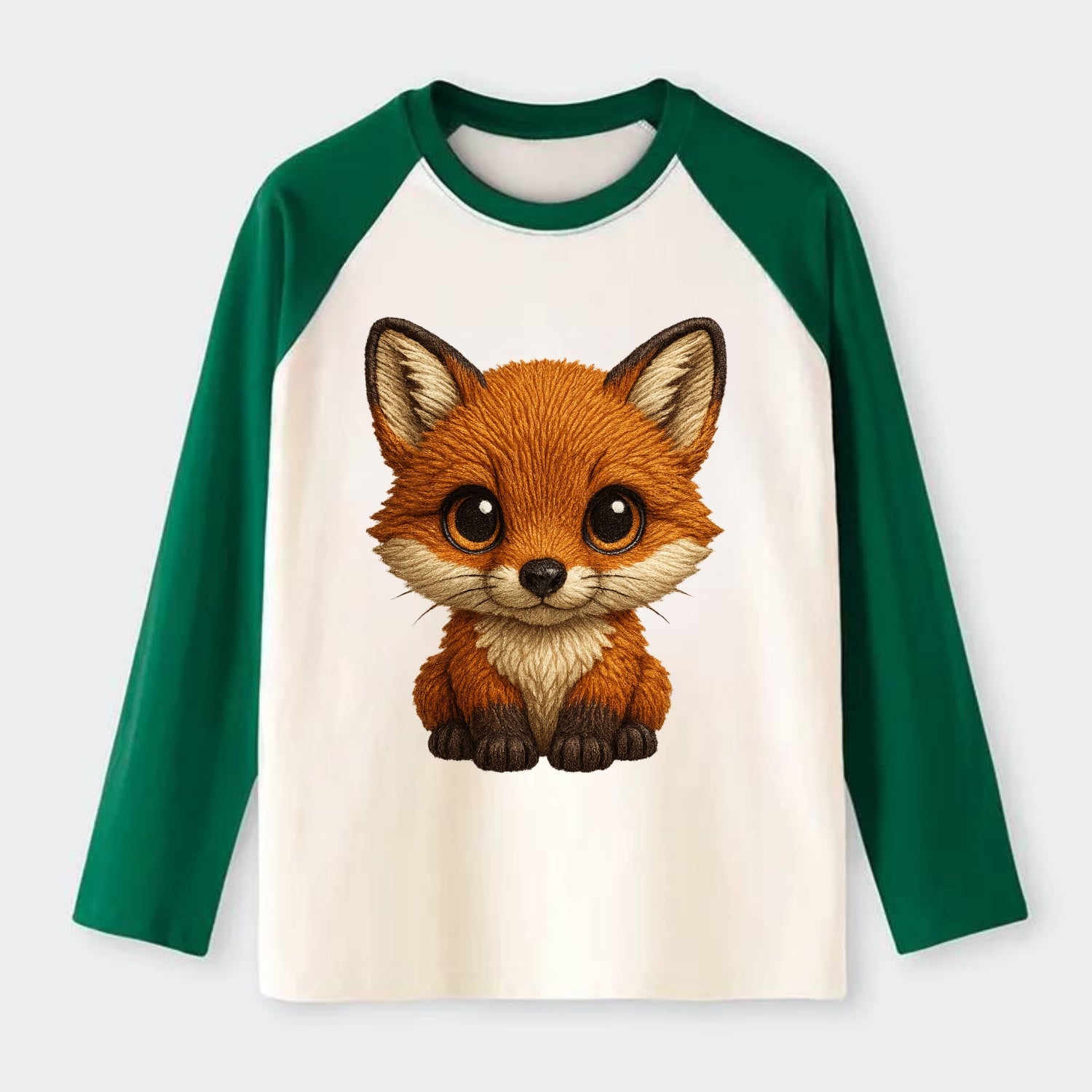 Baby Red Fox - russet fur, white chest, big amber eyes, perky ears, - Raglan Long Sleeve T-Shirt - Green