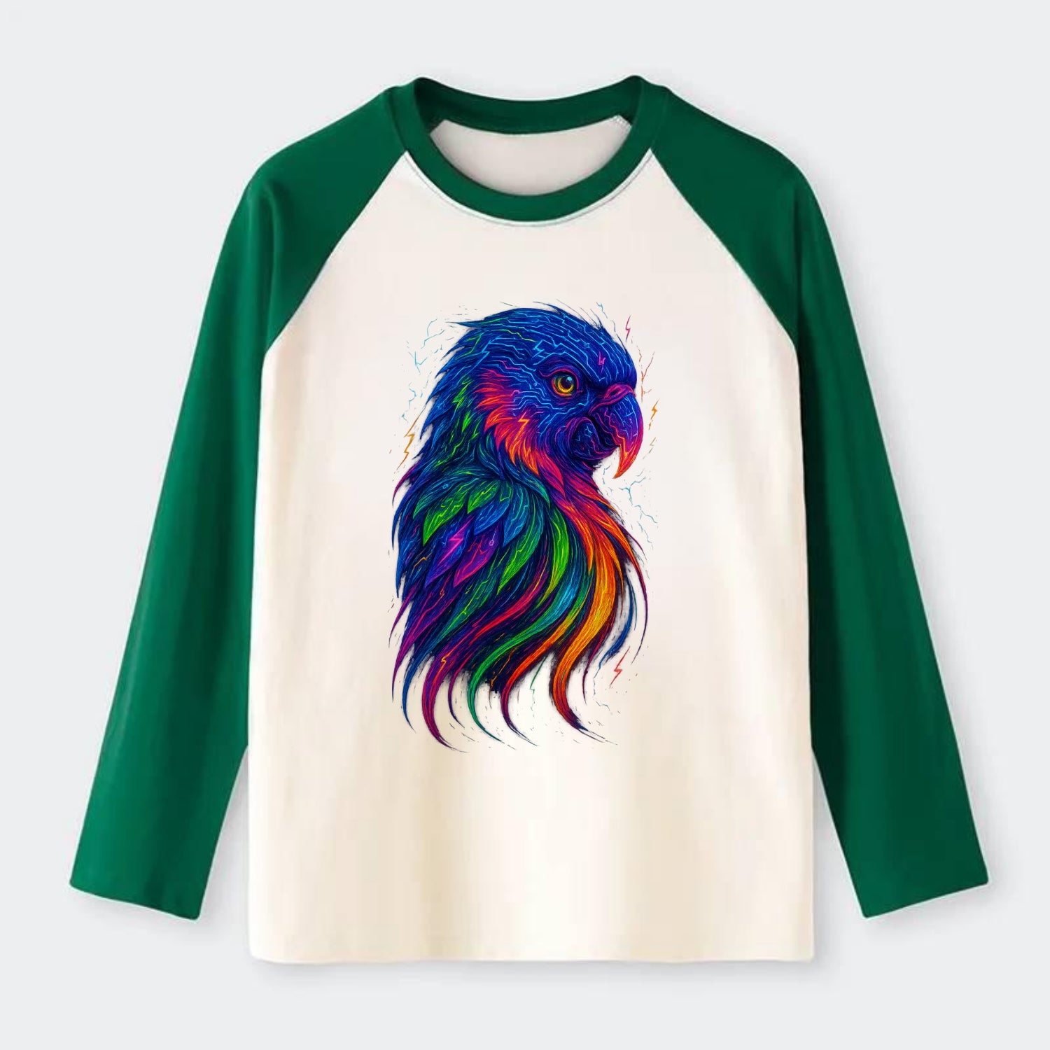 Vibrant parrot with feathers flowing into tropical rainbow streams, - Raglan Long Sleeve T-Shirt - Green