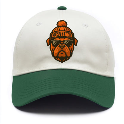Cleveland Bulldog wearing Browns orange and brown beanie with pom pom and wayfarer - Two Tone Cap - Green