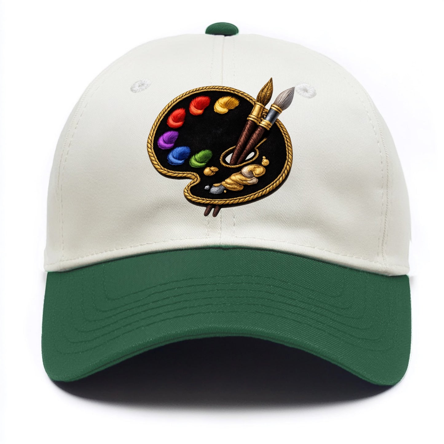 Embroidered patch design - PAINT PALETTE - artist palette with brushes in rainbow - Two Tone Cap - Green
