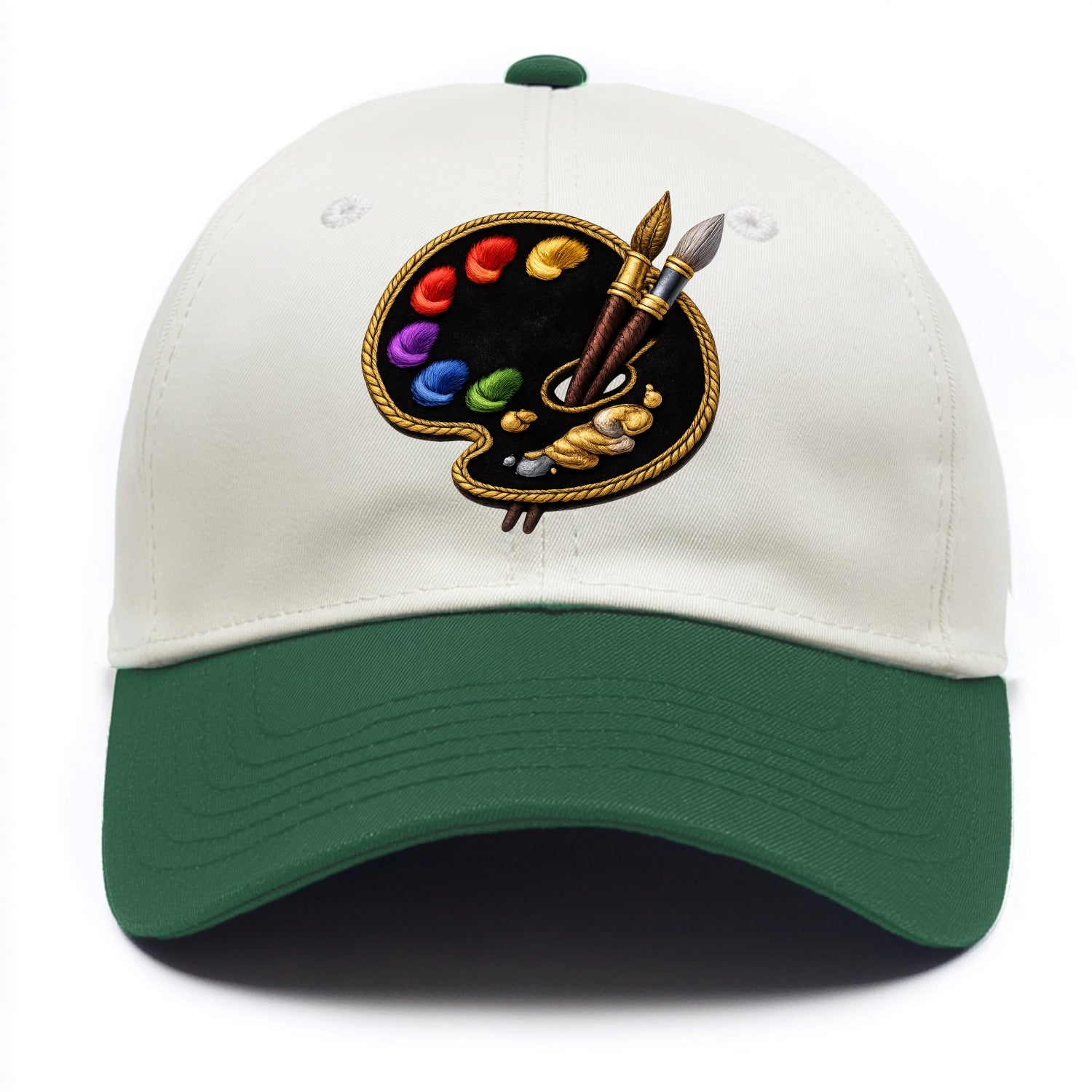 Embroidered patch design - PAINT PALETTE - artist palette with brushes in rainbow - Two Tone Cap - Green