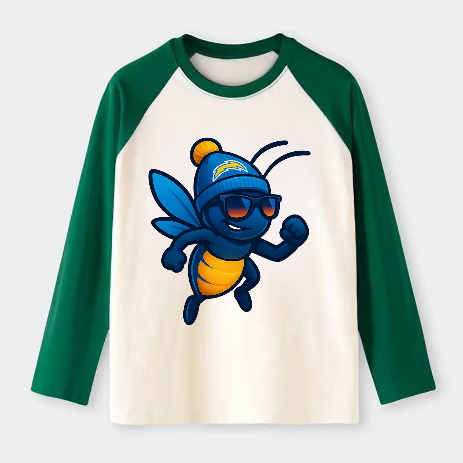 LA Lightning Bug wearing Chargers powder blue and gold beanie with pom - Raglan Long Sleeve T-Shirt - Green