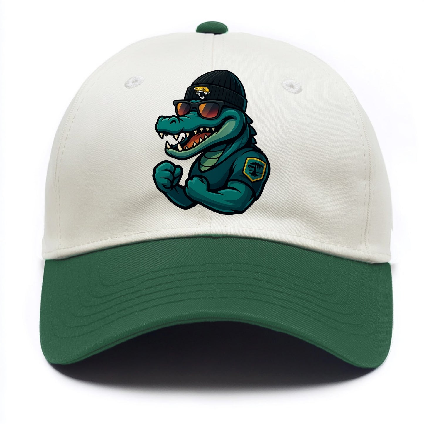 Jacksonville Alligator wearing Jaguars beanie with swamp patch and wayfarer - Two Tone Cap - Green
