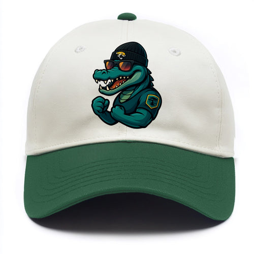 Jacksonville Alligator wearing Jaguars beanie with swamp patch and wayfarer - Two Tone Cap