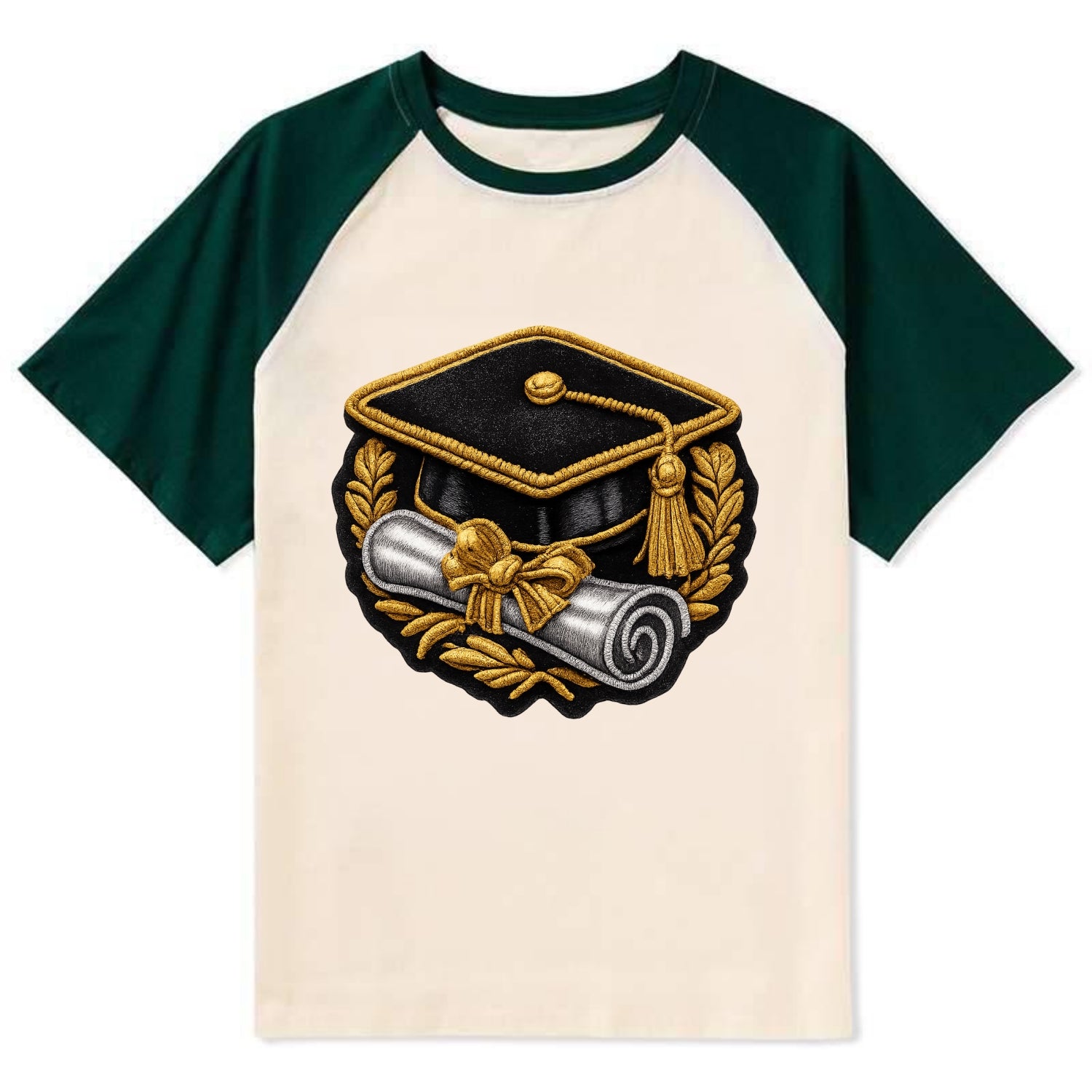 GRADUATION CAP - mortarboard with diploma in black and gold , achievement - Contrast Raglan T-shirt - Green