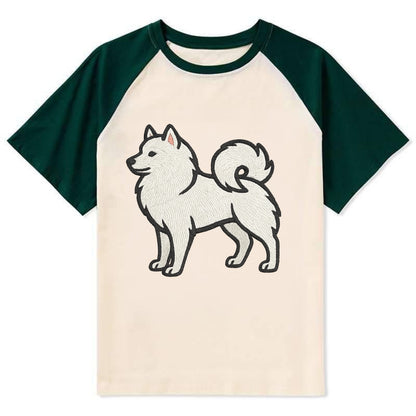 American Eskimo Dog - White spitz embroidered standing design - Contrast Raglan T-shirt - Green