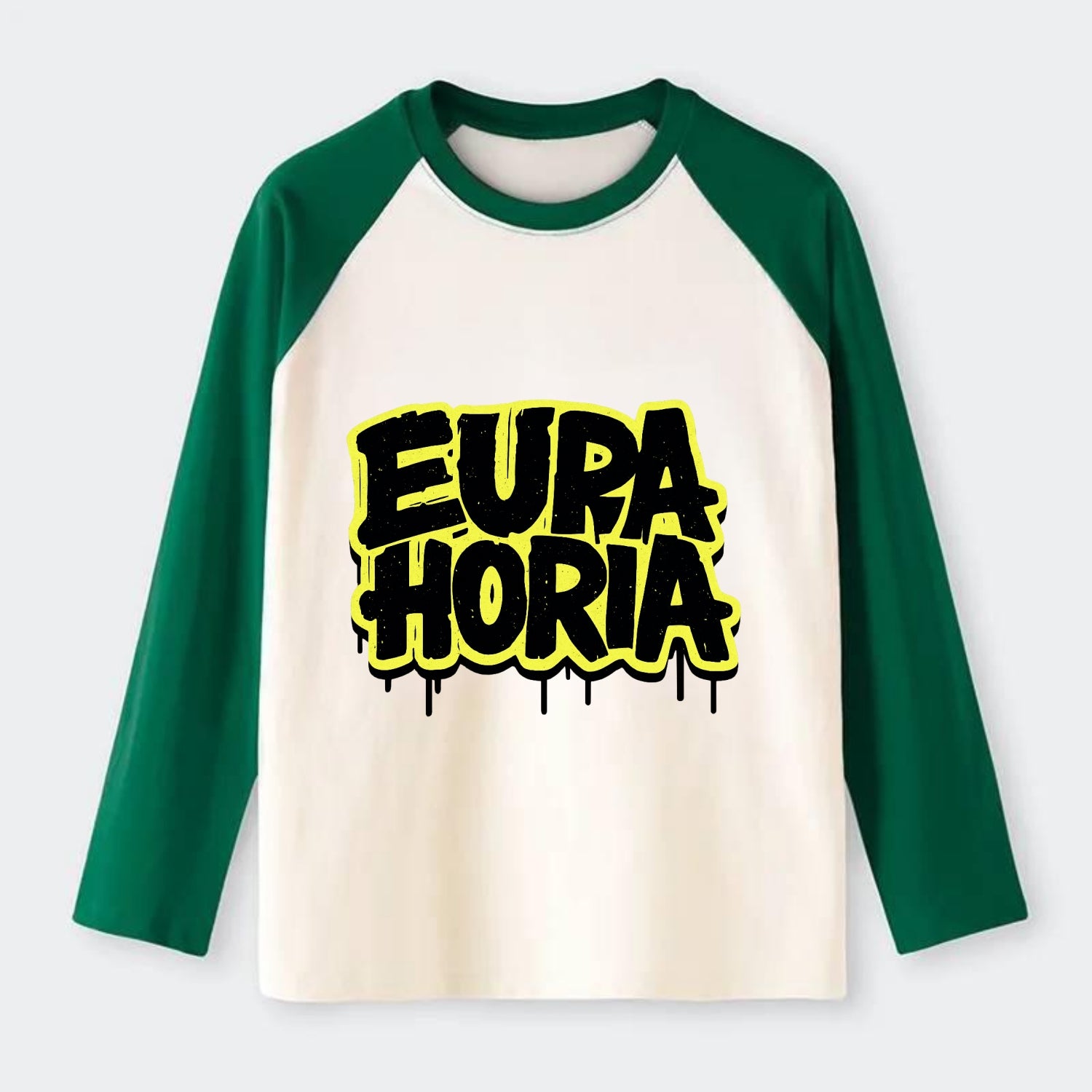 Bold typography design - "EUPHORIA" - intense happiness, ecstasy - Raglan Long Sleeve T-Shirt - Green