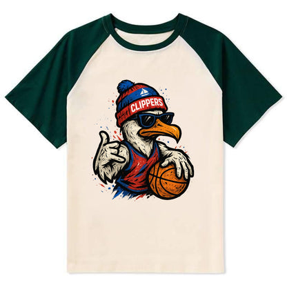 LA Seagull wearing Clippers red white and blue beanie with ship patch and - Contrast Raglan T-shirt - Green