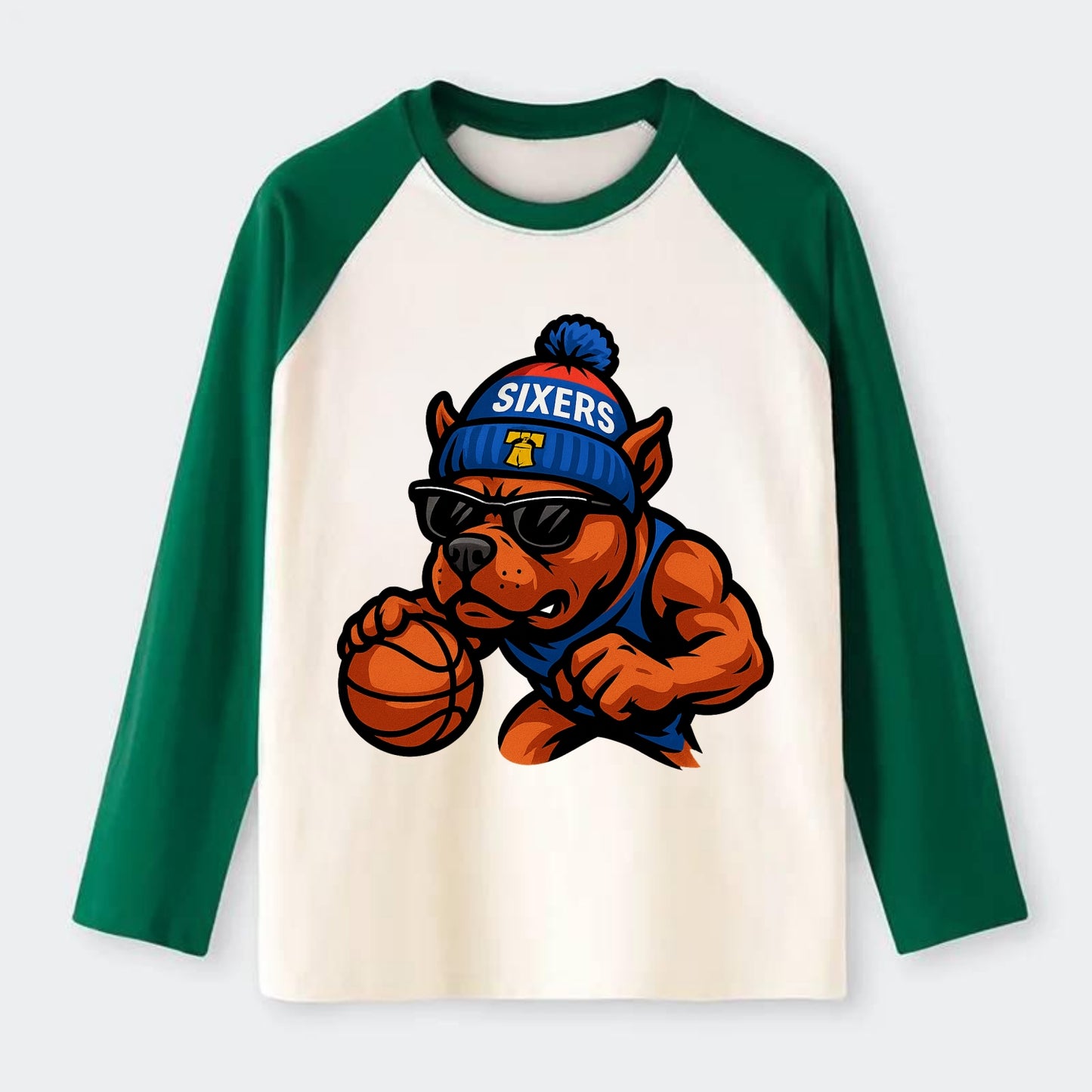 Philly Pitbull wearing Sixers beanie with Liberty Bell and wayfarer - Raglan Long Sleeve T-Shirt - Green