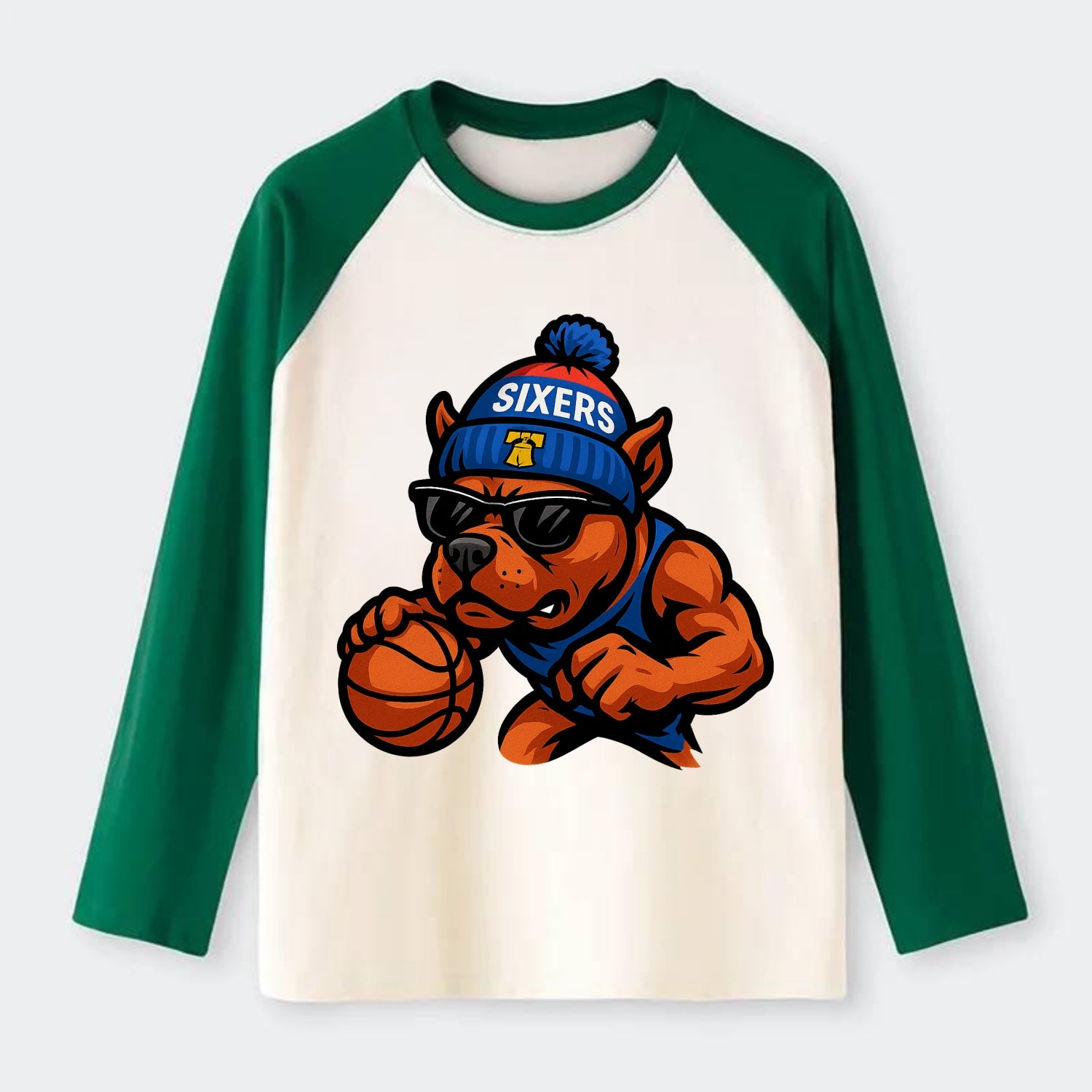 Philly Pitbull wearing Sixers beanie with Liberty Bell and wayfarer - Raglan Long Sleeve T-Shirt - Green