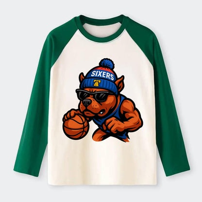 Philly Pitbull wearing Sixers beanie with Liberty Bell and wayfarer - Raglan Long Sleeve T-Shirt - Green