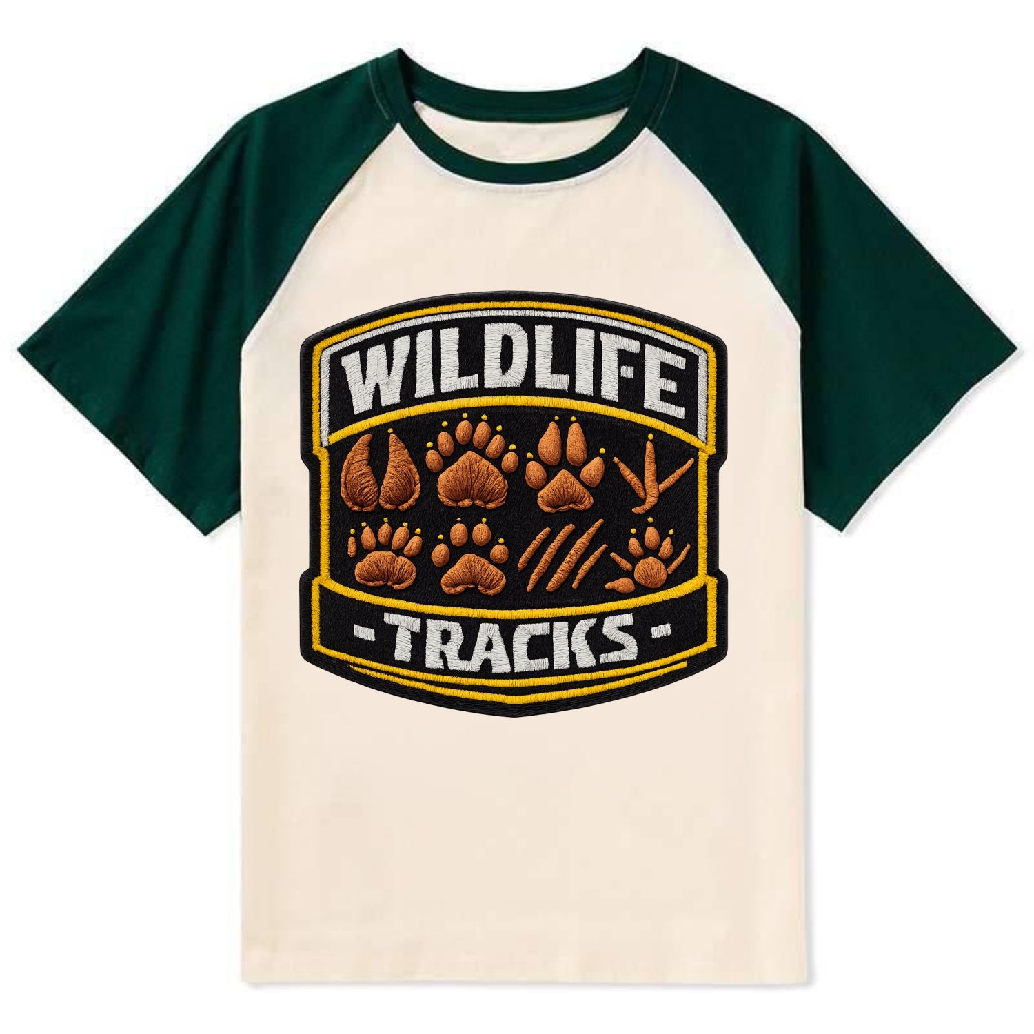 WILDLIFE TRACKS - animal footprints in brown , tracker - Contrast Raglan T-shirt - Green
