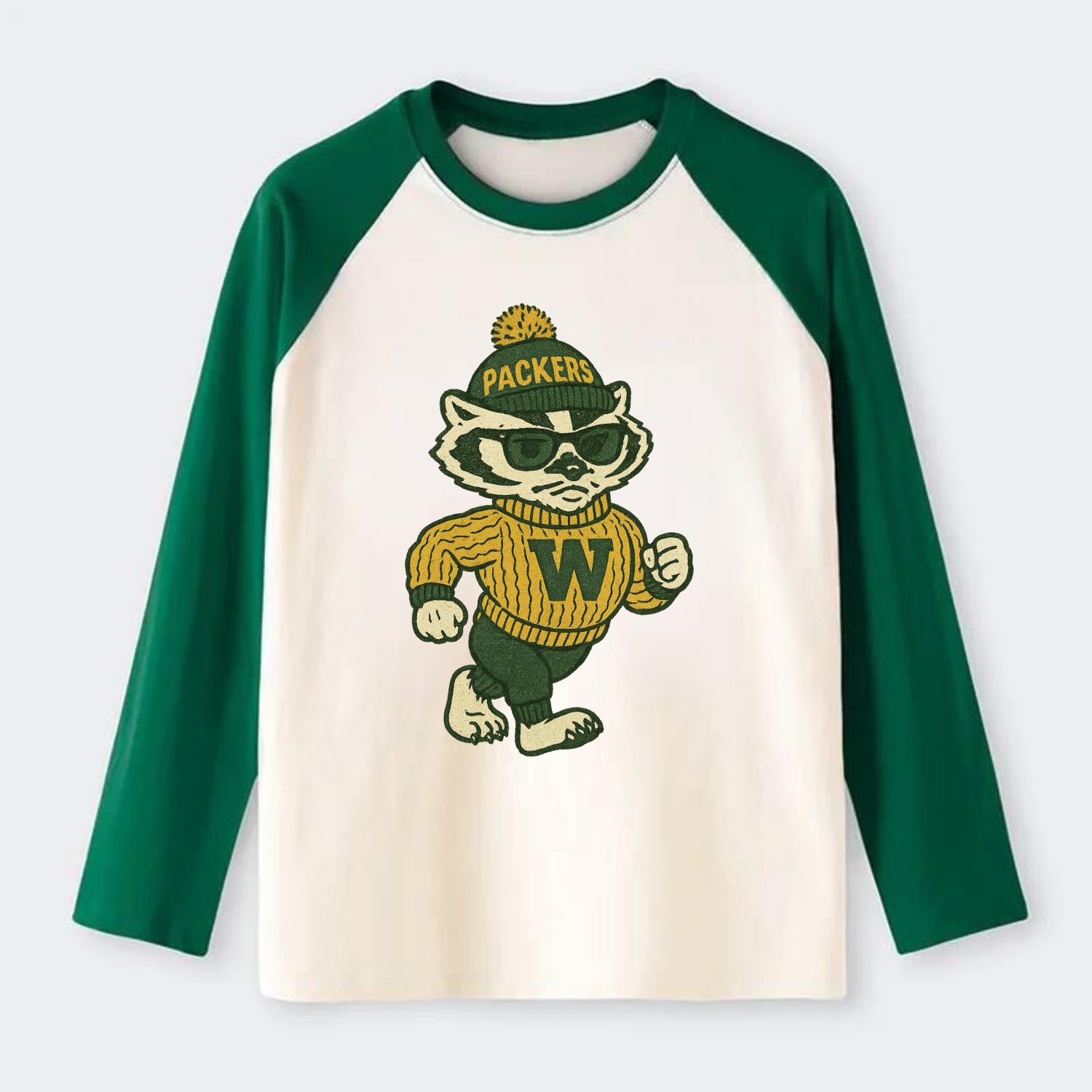 Wisconsin Badger wearing Packers green and gold beanie with pom pom - Raglan Long Sleeve T-Shirt - Green
