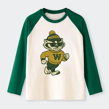 Wisconsin Badger wearing Packers green and gold beanie with pom pom - Raglan Long Sleeve T-Shirt - Green