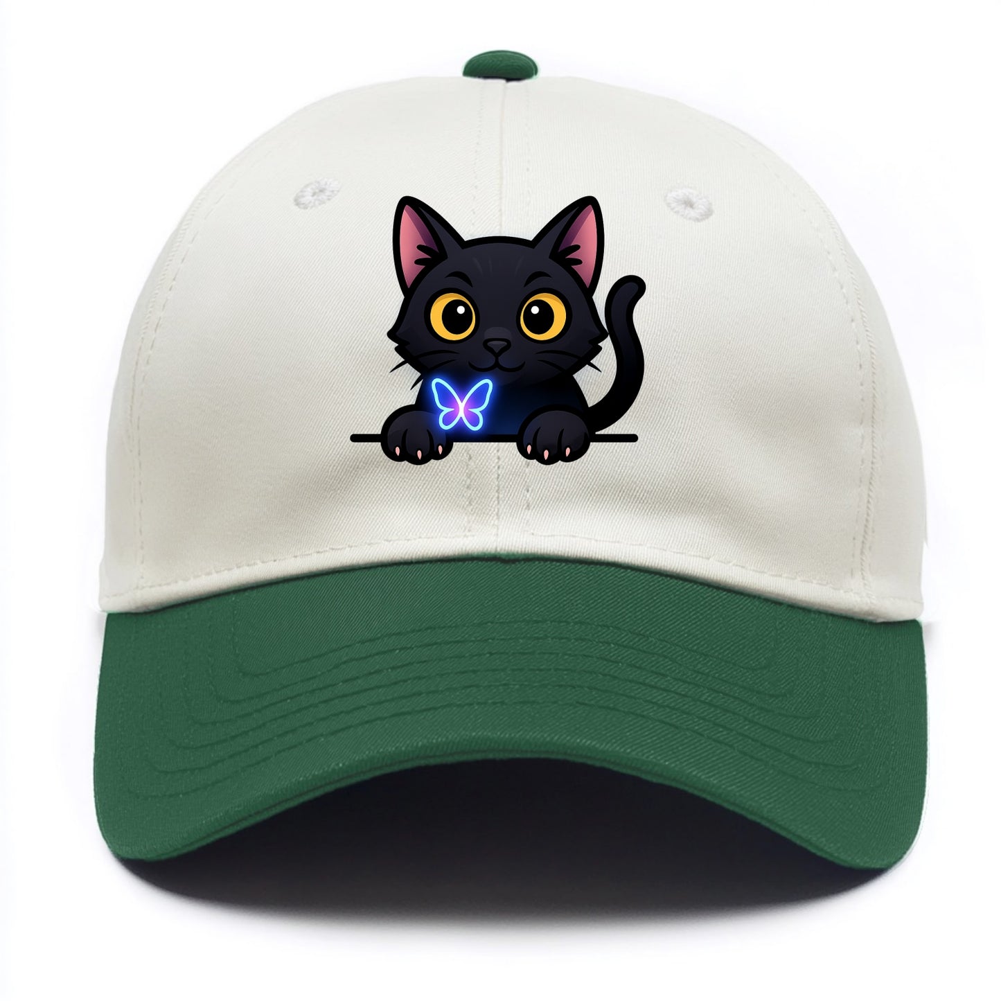 Midnight the black cat blowing a glossy bubblegum bubble while peeking. - Two Tone Cap - Green
