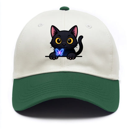 Midnight the black cat blowing a glossy bubblegum bubble while peeking. - Two Tone Cap - Green