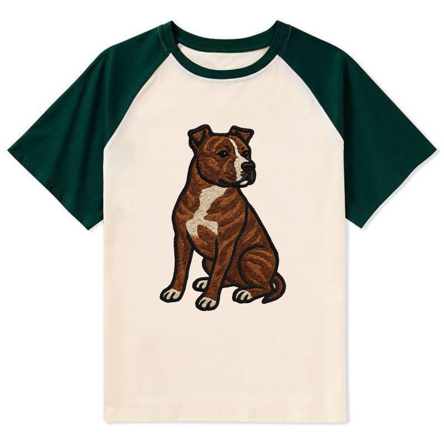 American Staffordshire Terrier - Brindle embroidered pose - Contrast Raglan T-shirt - Green