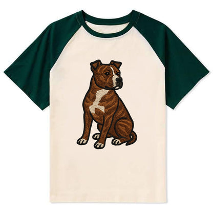 American Staffordshire Terrier - Brindle embroidered pose - Contrast Raglan T-shirt - Green
