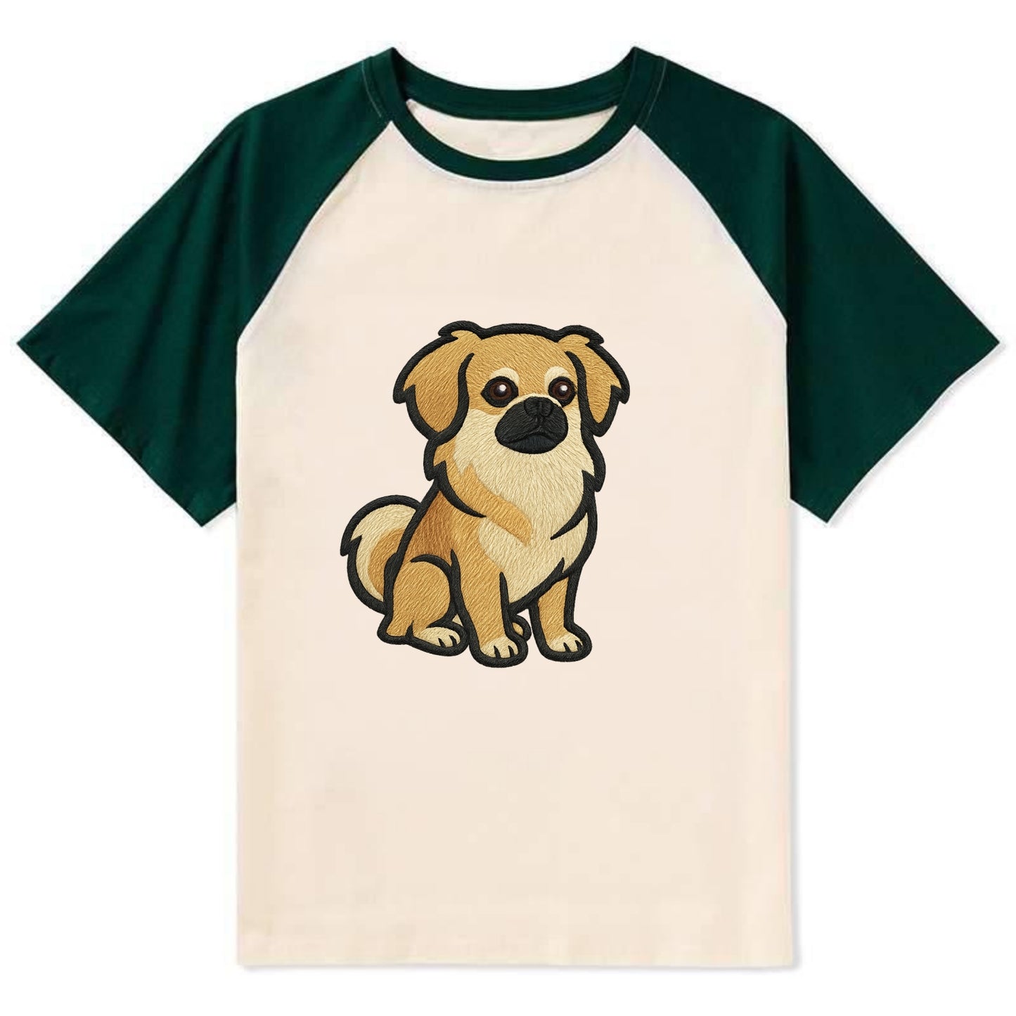 Tibetan Spaniel - Fawn small dog embroidered design - Contrast Raglan T-shirt - Green