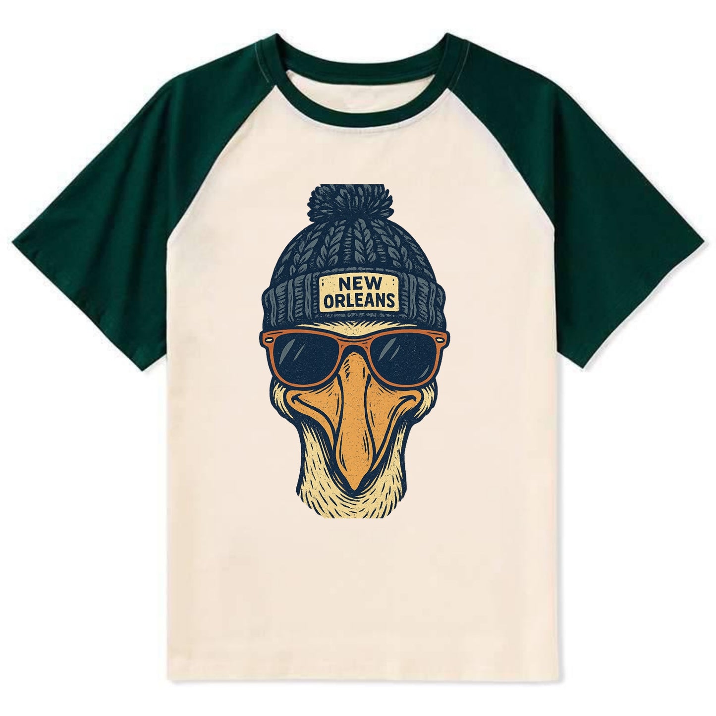 New Orleans Pelican wearing New Orleans beanie with pom pom and wayfarer - Contrast Raglan T-shirt - Green