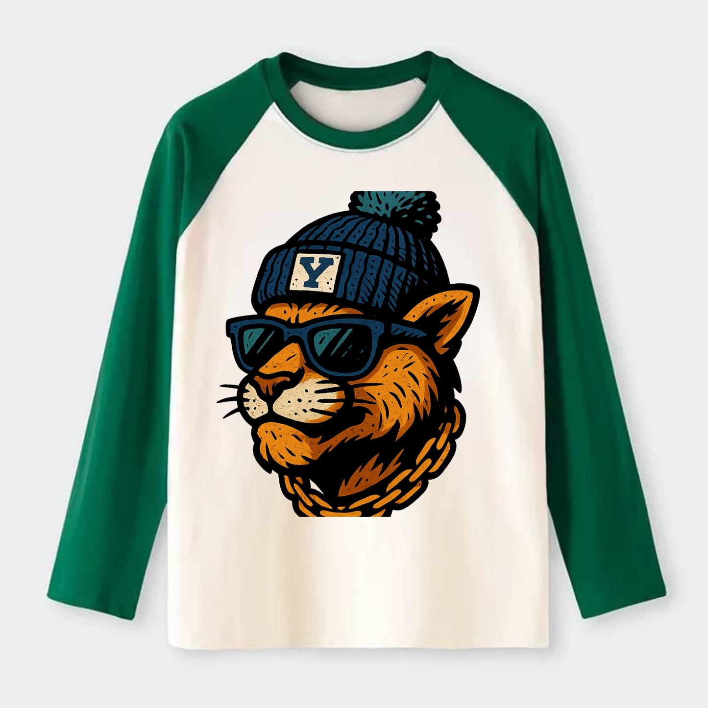 Provo Cougar wearing BYU beanie with Y patch - Raglan Long Sleeve T-Shirt - Green