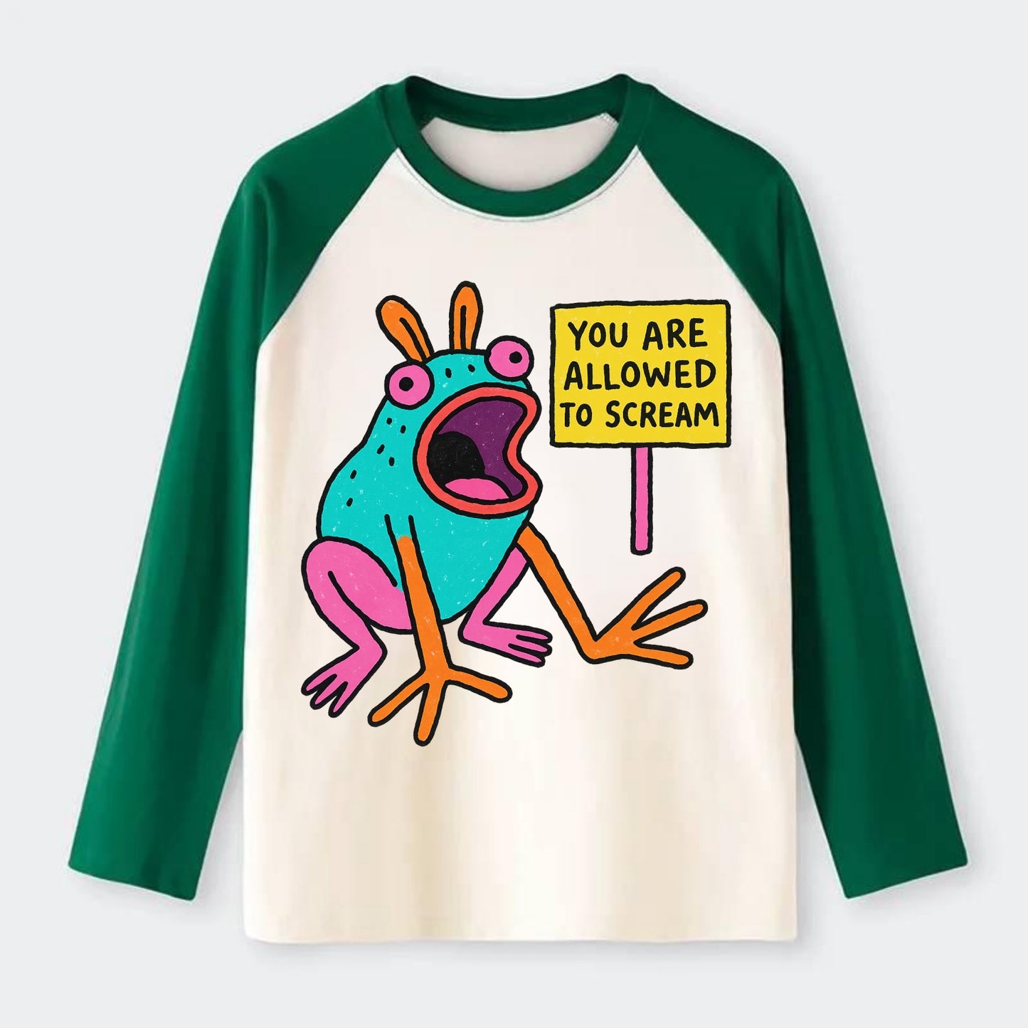 YOU ARE ALLOWED TO SCREAM | Open-mouthed frog - Raglan Long Sleeve T-Shirt - Green