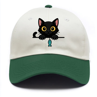 Midnight the black cat holding a tiny yarn ball between both paws while peeking. - Two Tone Cap - Green