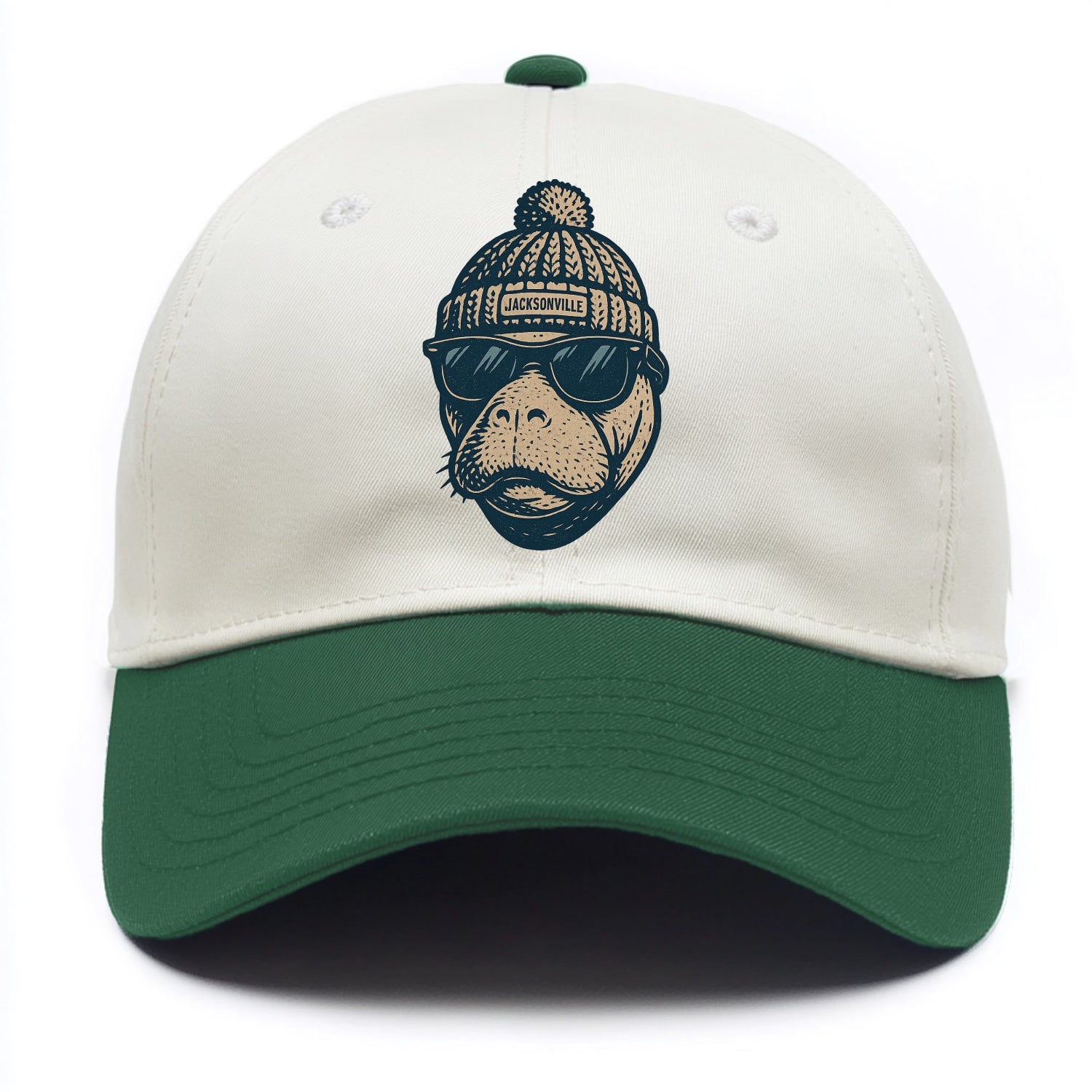 Jacksonville Manatee wearing Jacksonville beanie with pom pom and wayfarer sunglasses - Two Tone Cap - Green