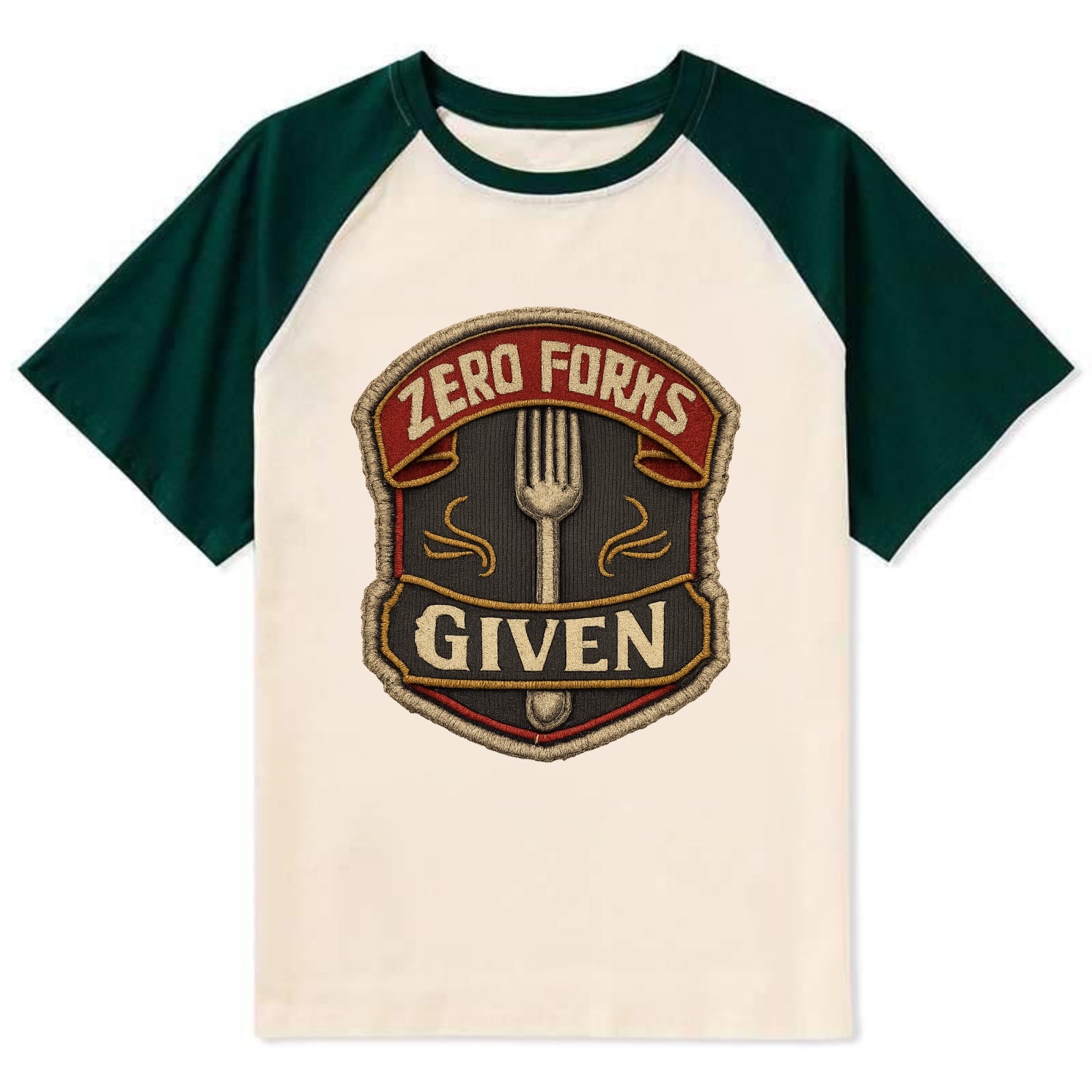 ZERO FORKS GIVEN - fork with text in silver , no cares attitude - Contrast Raglan T-shirt - Green