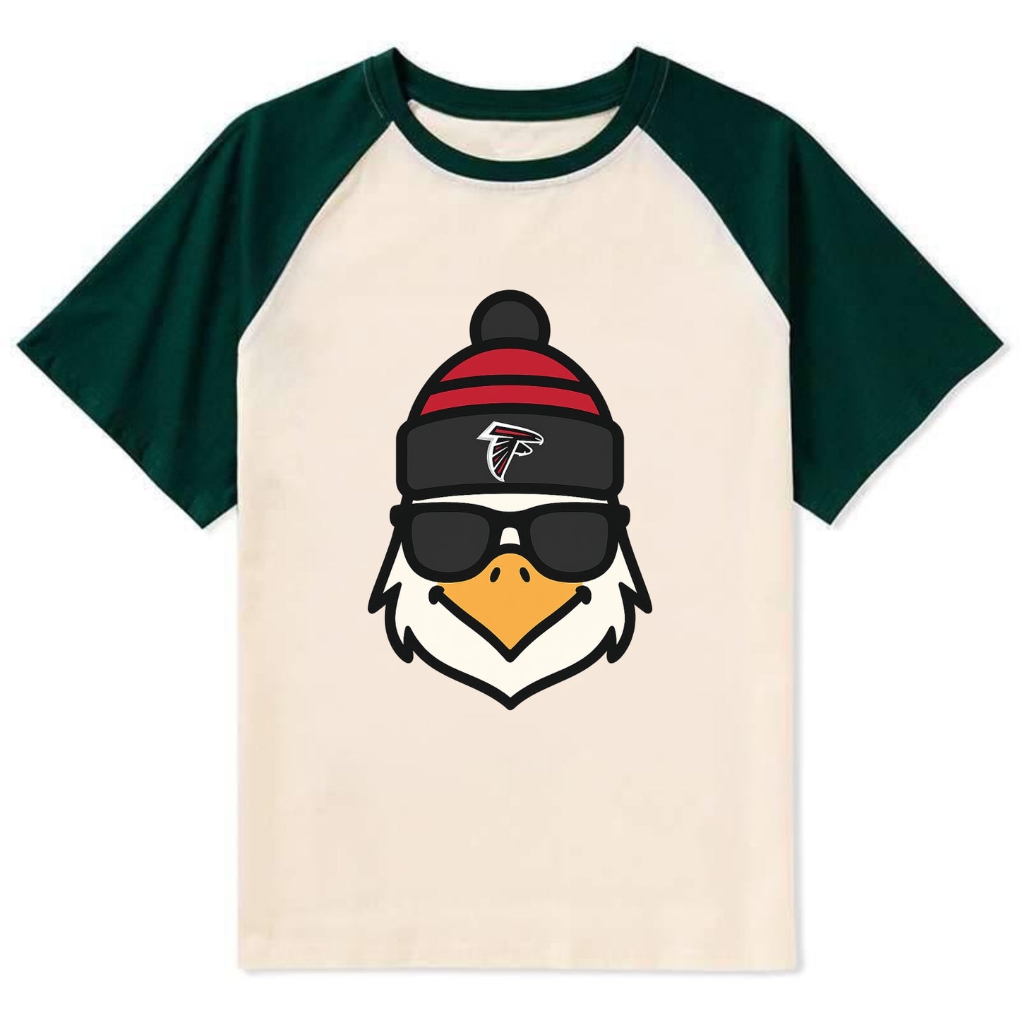 Atlanta Falcon wearing Falcons red and black beanie with pom pom and - Contrast Raglan T-shirt - Green