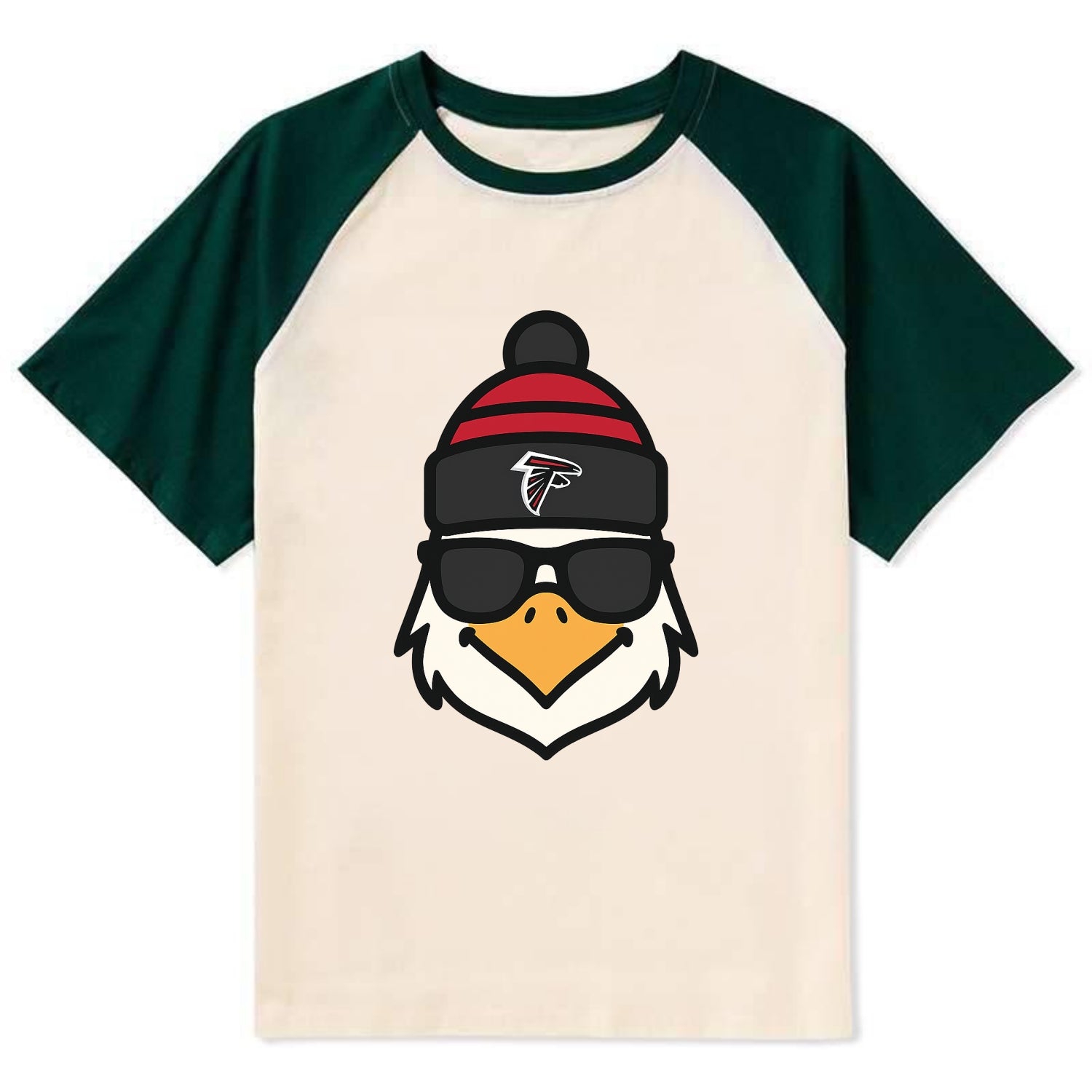 Atlanta Falcon wearing Falcons red and black beanie with pom pom and - Contrast Raglan T-shirt - Green