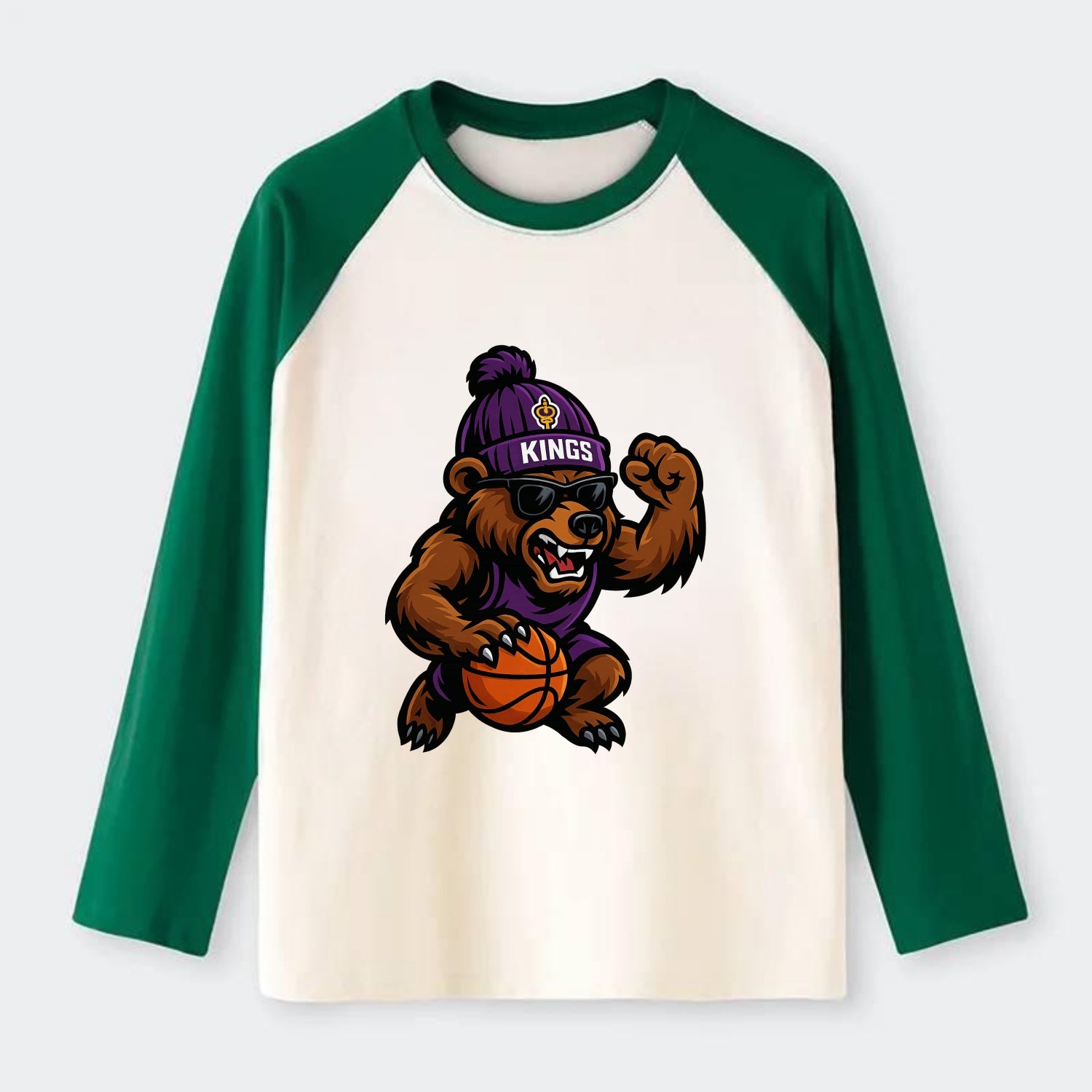 California Grizzly wearing Kings beanie with royal scepter patch and - Raglan Long Sleeve T-Shirt - Green
