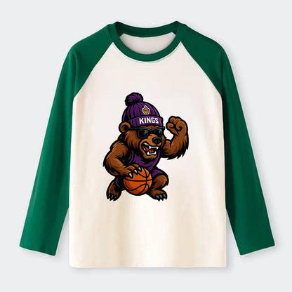 California Grizzly wearing Kings beanie with royal scepter patch and - Raglan Long Sleeve T-Shirt - Green