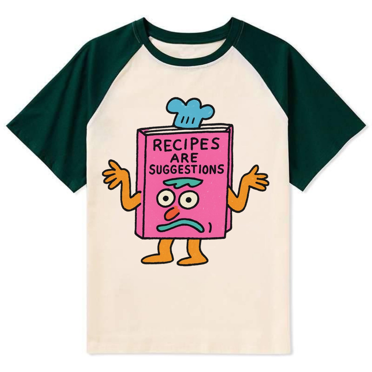 RECIPES ARE SUGGESTIONS | Cookbook shrugging - Contrast Raglan T-shirt - Green