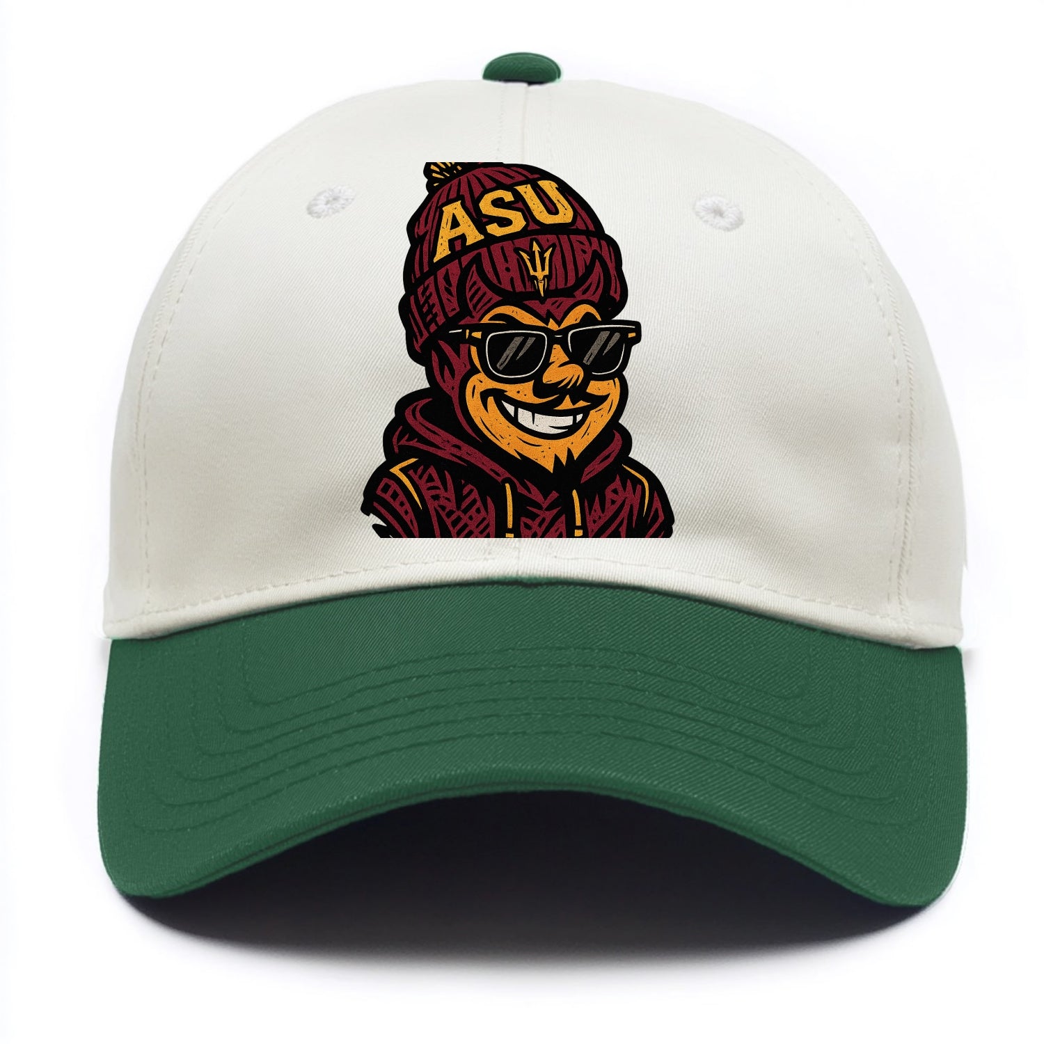 Tempe Sparky wearing Arizona State beanie with fork patch - Two Tone Cap - Green