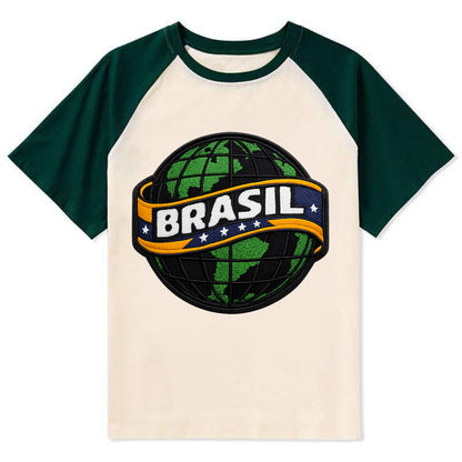 BRAZILIAN FLAG GLOBE - green globe with banner in green yellow blue , - Contrast Raglan T-shirt - Green