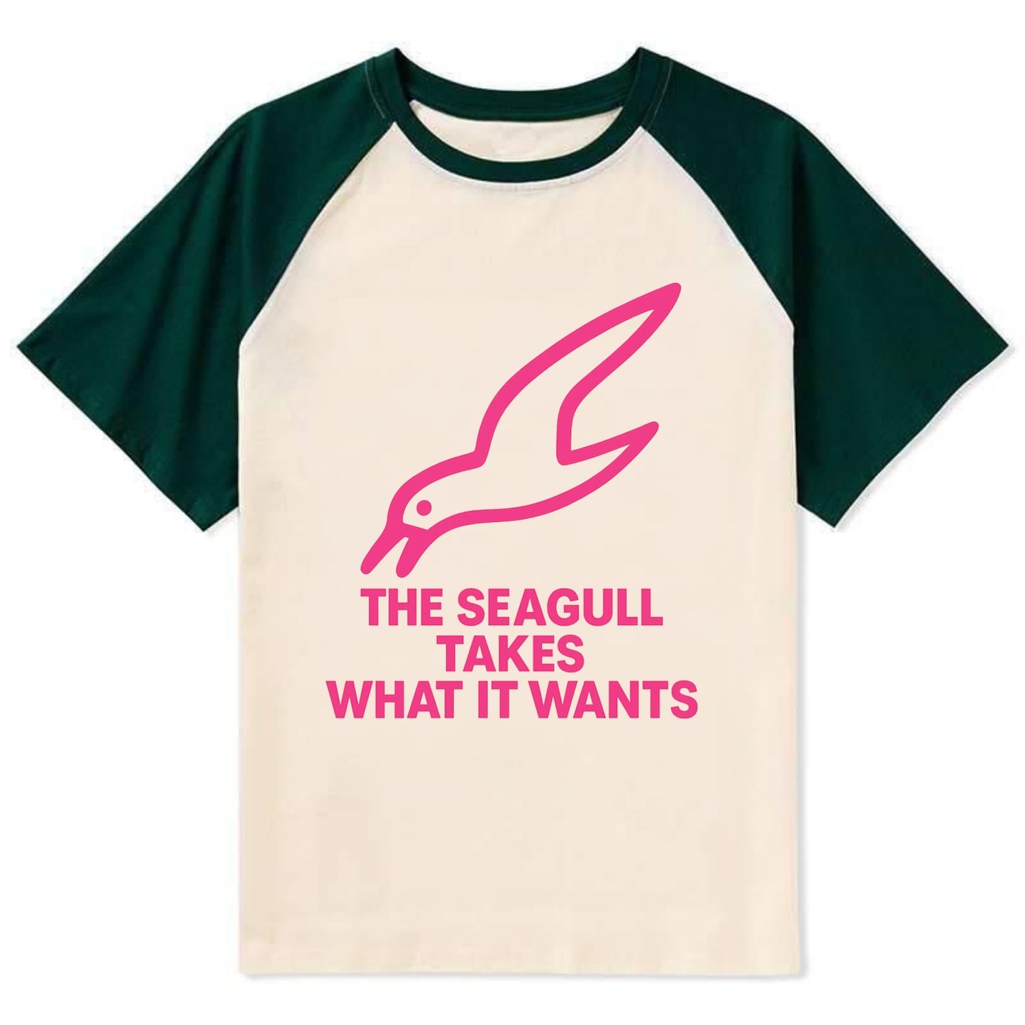 THE SEAGULL TAKES WHAT IT WANTS | Aggressive seagull diving down - Contrast Raglan T-shirt - Green