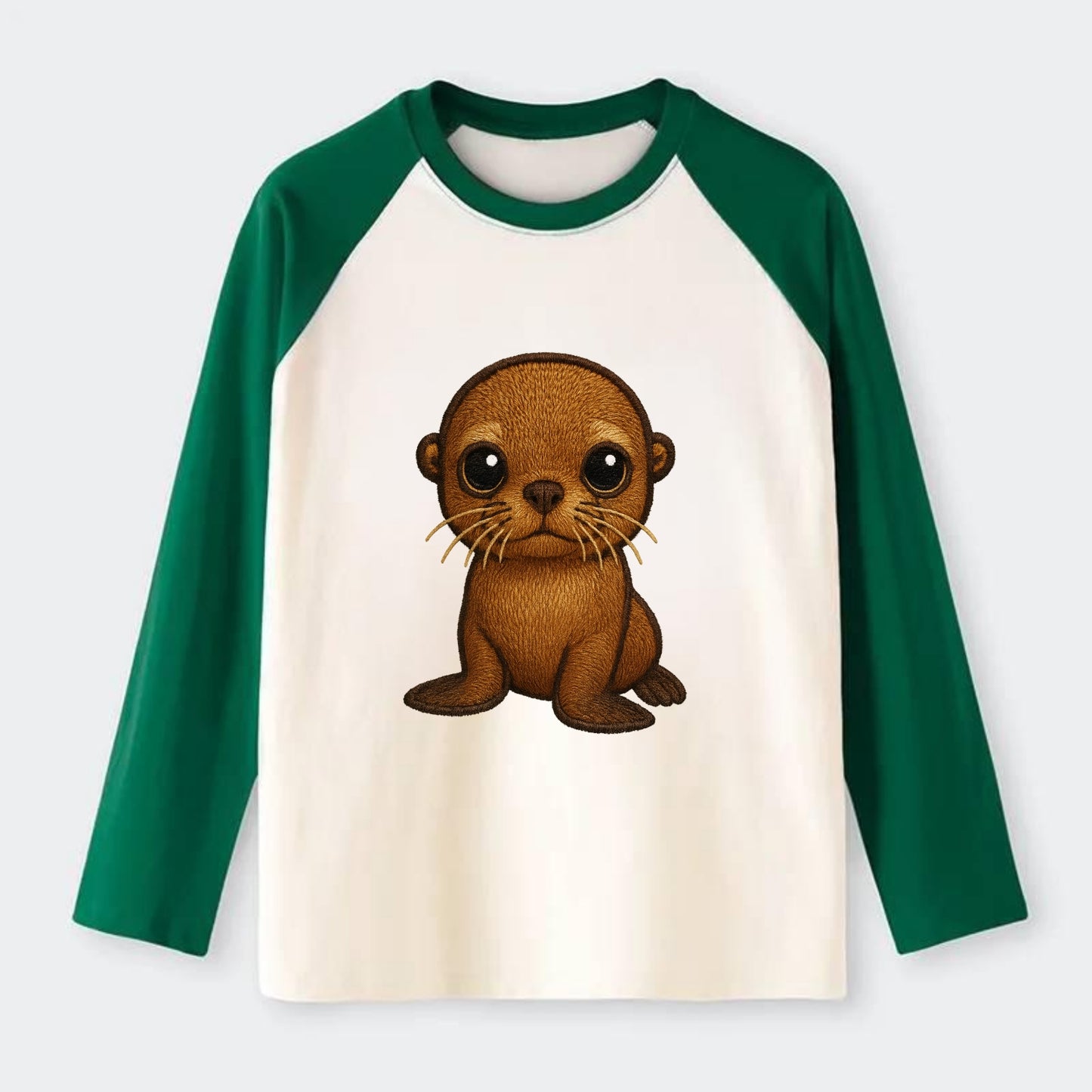Baby California Sea Lion - golden brown, large expressive eyes, - Raglan Long Sleeve T-Shirt - Green
