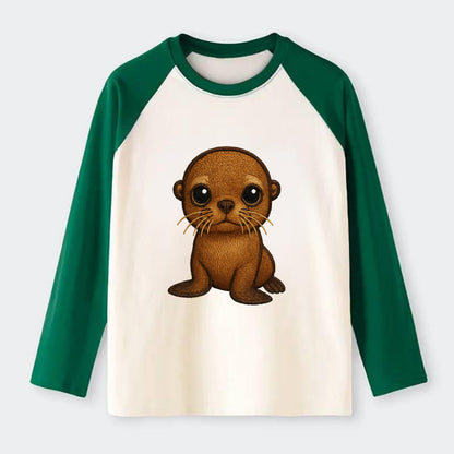 Baby California Sea Lion - golden brown, large expressive eyes, - Raglan Long Sleeve T-Shirt - Green