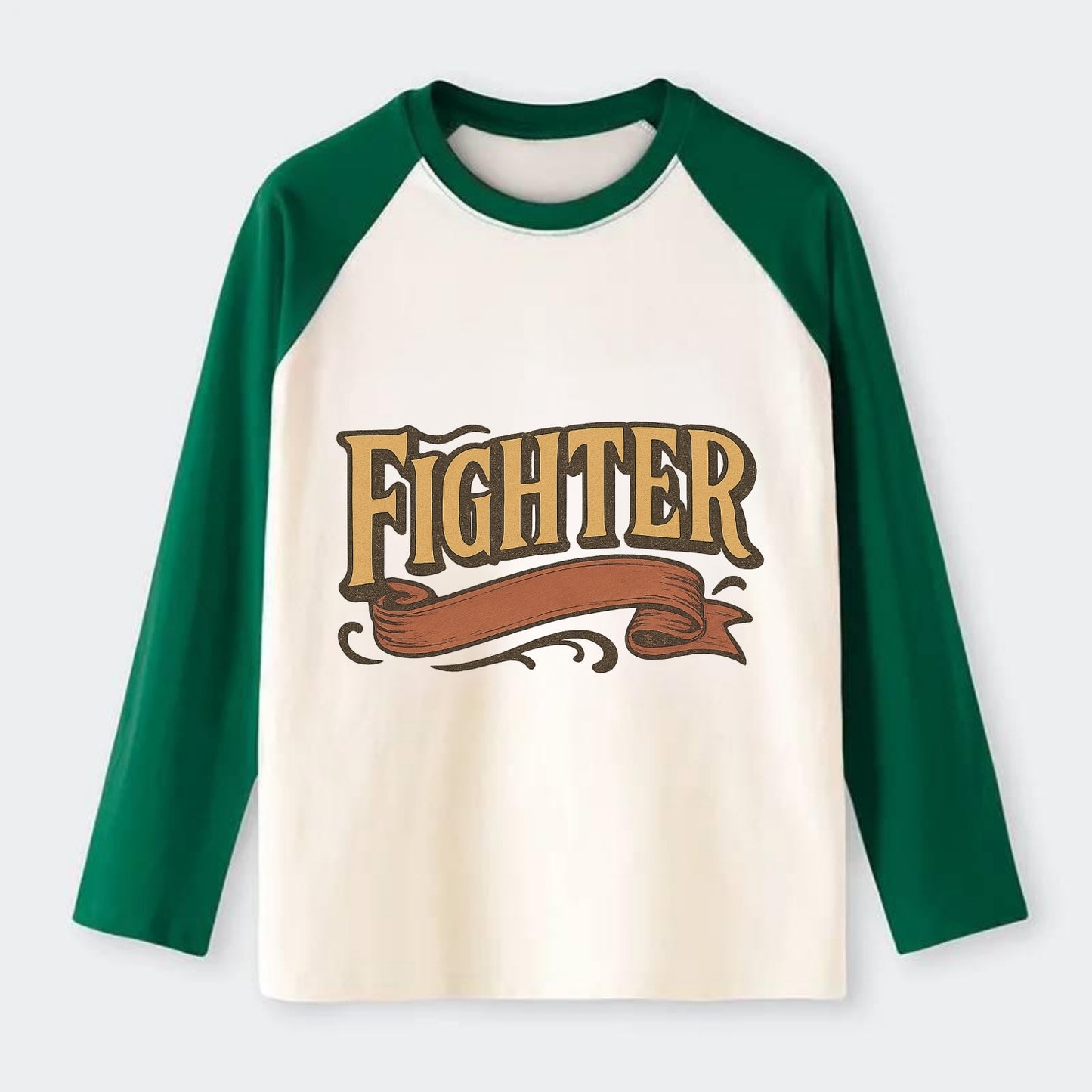 Bold typography design - "FIGHTER" - never giving up, battling on - Raglan Long Sleeve T-Shirt - Green