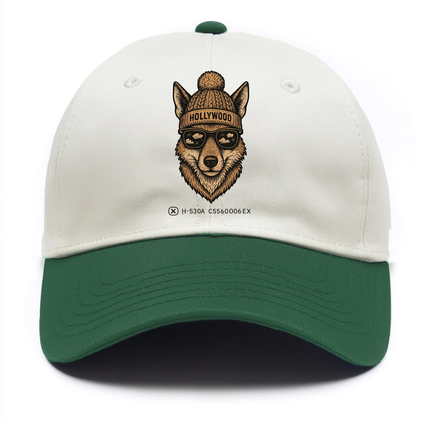 LA Coyote wearing Hollywood beanie with pom pom and wayfarer sunglasses - Two Tone Cap - Green